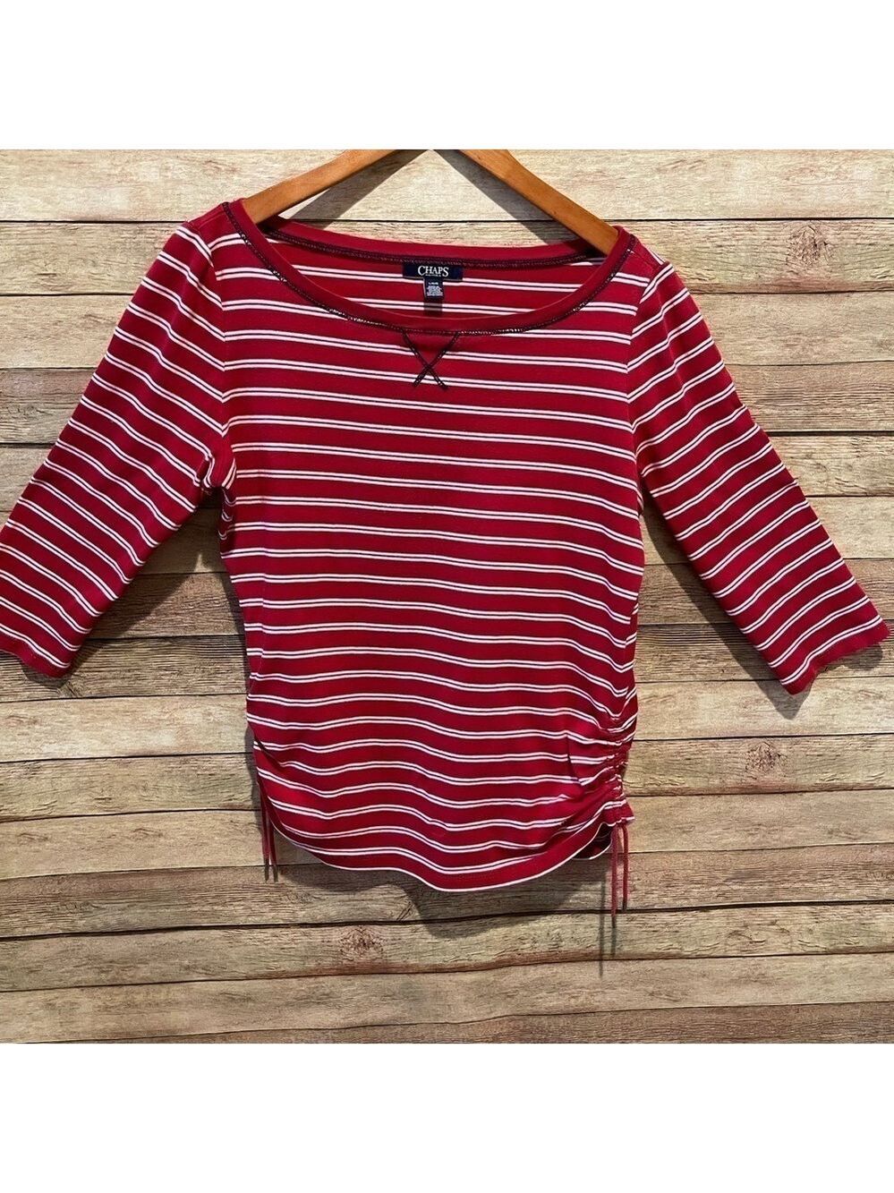 CHAPS Women’s Top 3/4 Sleeve Red White Striped Cotton Shirt Size: Large